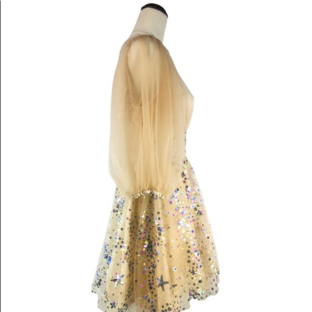 Beige Mini Dress Custom Made Puff Sleeve - NEW - Picture 7 of 9